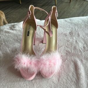 Fashion Nova Pink Feather-Trim High Heel Sandals